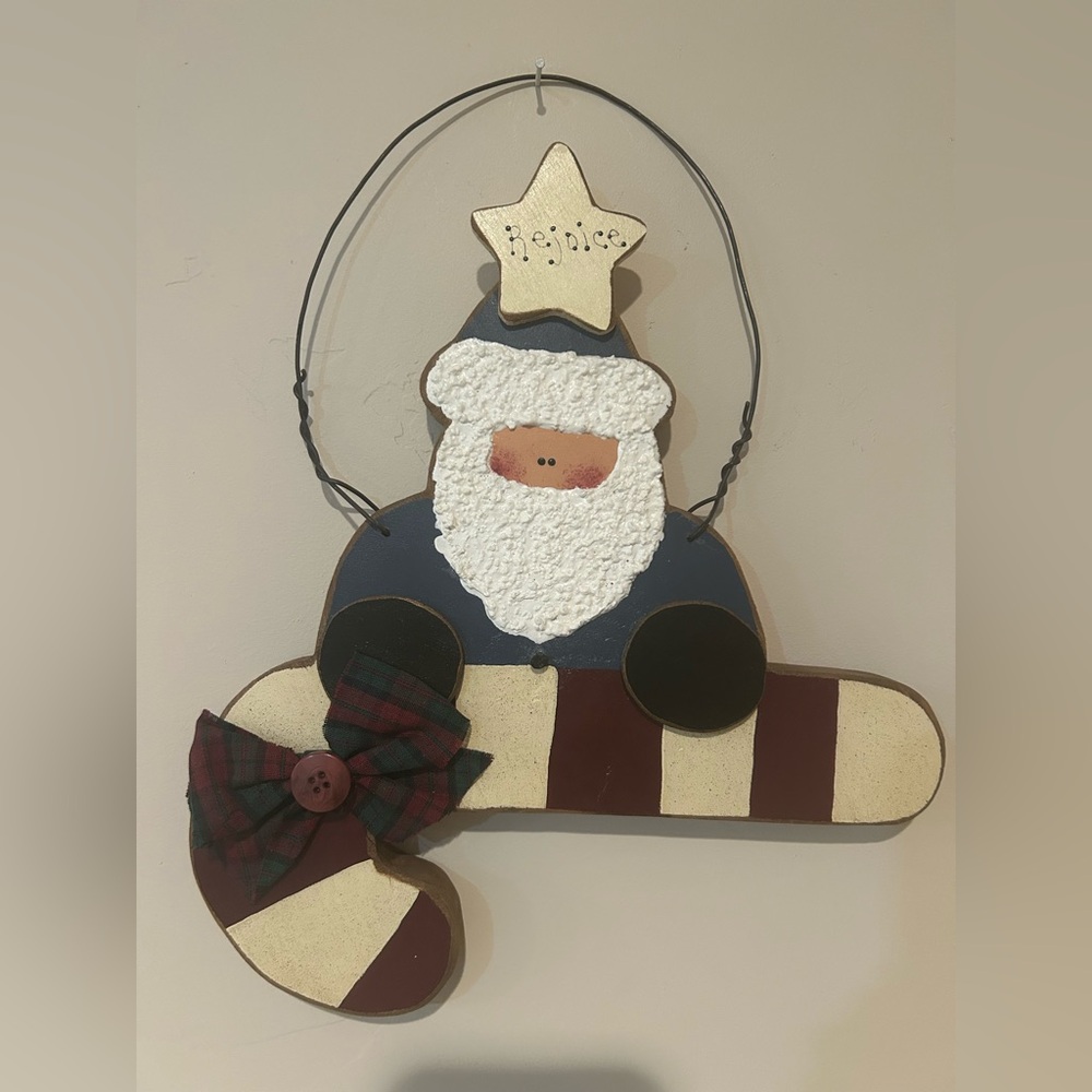 Festive Wood Santa Wall Hanging with Star “Rejoice”